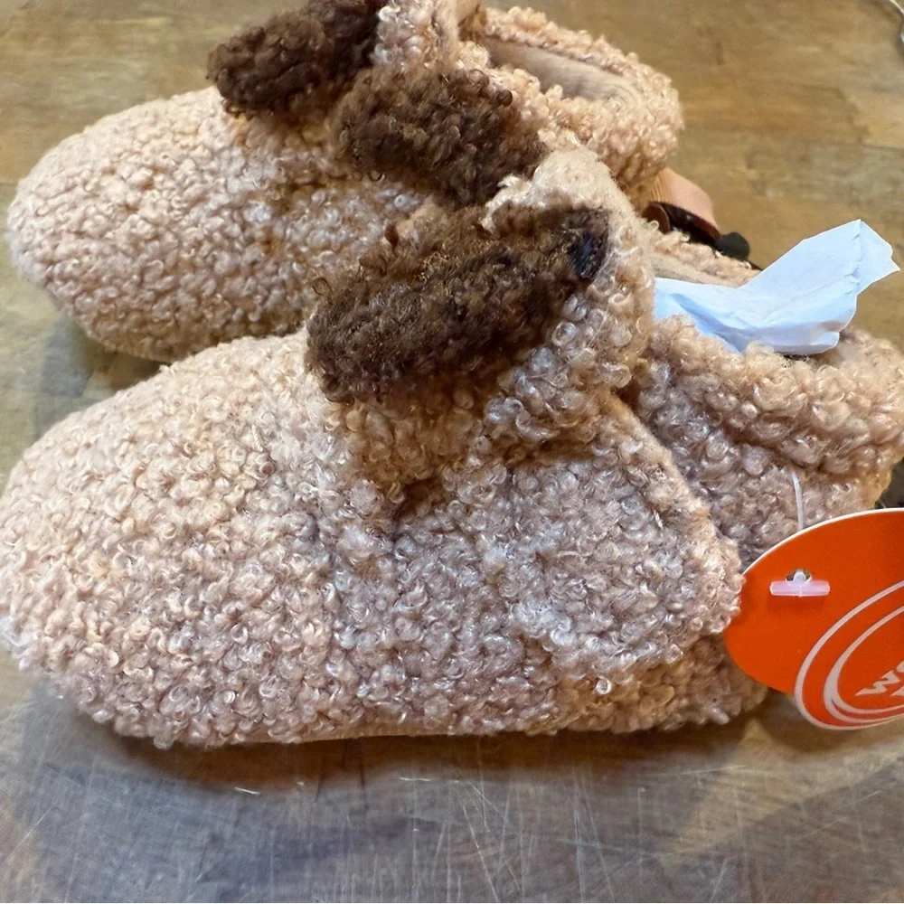 Plush Puppy Baby Slippers in Light Brown Sz 5 Velcro Warm Winter Slip on Shoe
